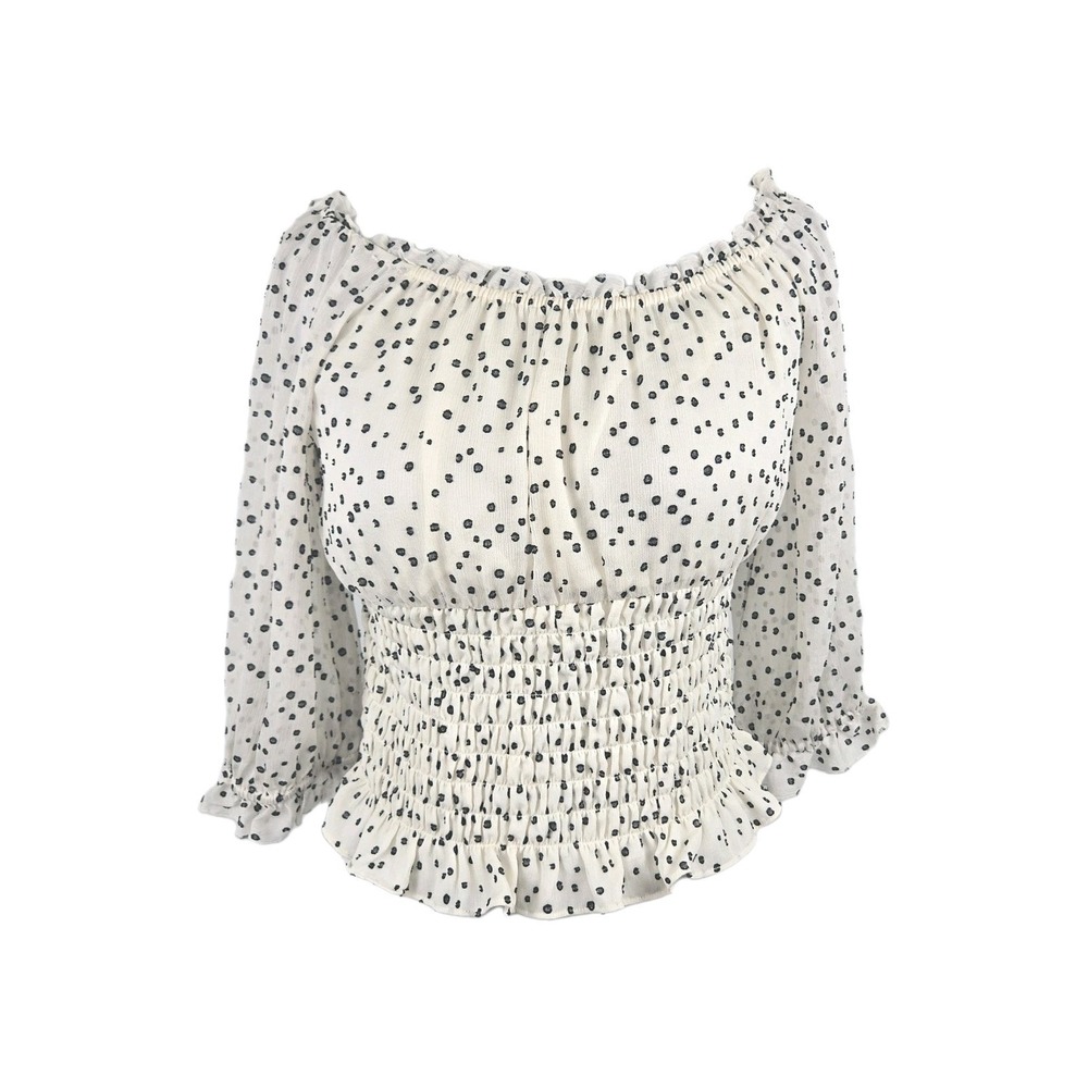 By Anthropologie Cream Textured Black Dot Print Cropped Elastic Neckline Top SP